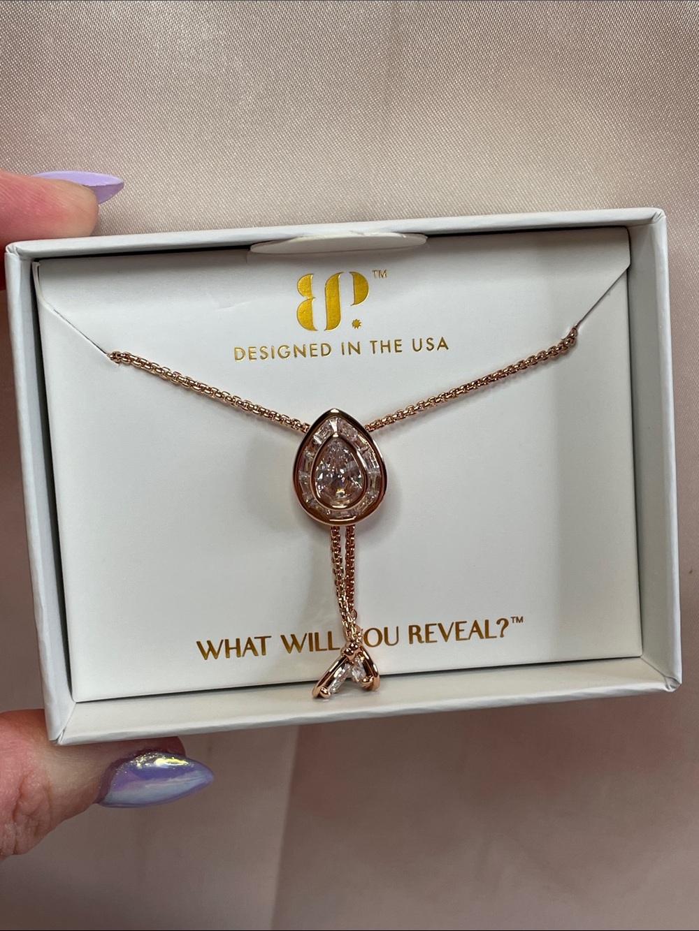 Bomb Party "Lily Grey Necklace" NK86491 BOLO Diamond CZ on Rose Gold $160 MSRP